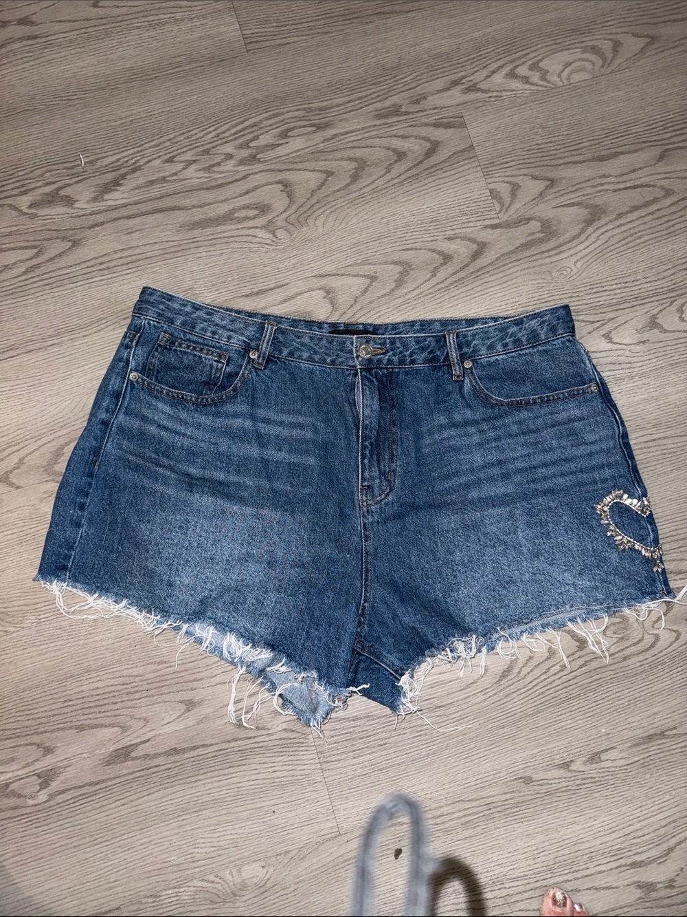Forever 21 Distressed High-Waist Denim Shorts with Heart Accent - Blue